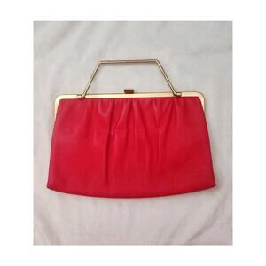 Small Vintage Purse Red Leather/Gold Handle Clutch Wallet Pleated Evening Bag